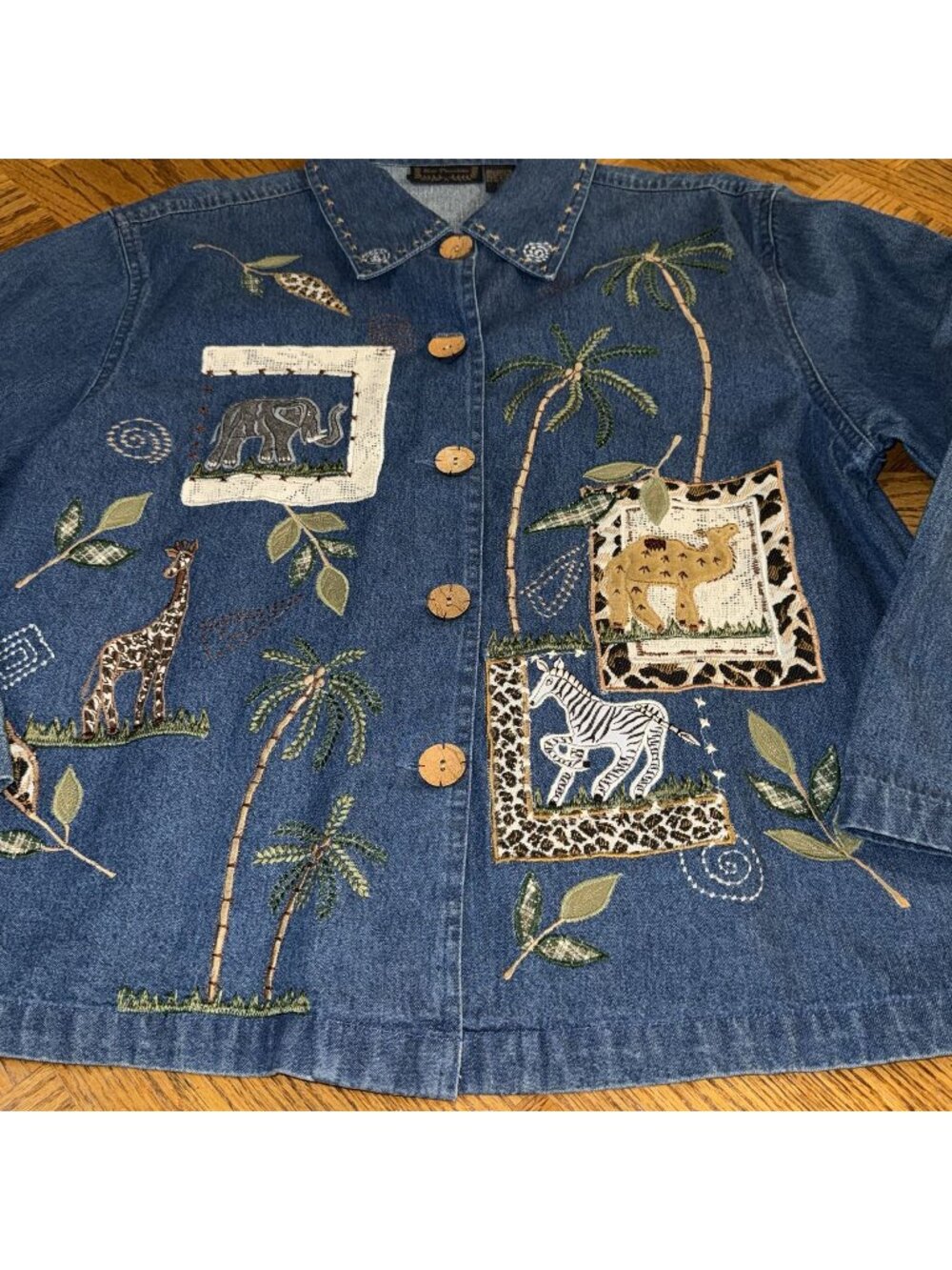 Vintage Womens Denim Safari Jacket Animal Embroidery Palm Trees Size Large